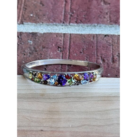 AV Multi-Gemstone Sterling Silver 925 Hinged Bangle Bracelet - Picture 1 of 7